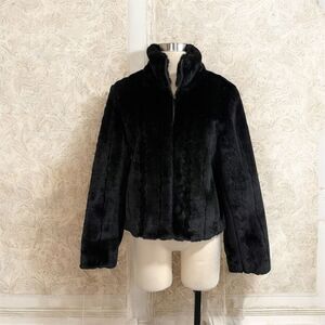 Kristen Blake Faux Fur Coat Jacket Stipe Bomber Cropped Peacoat Zipper M